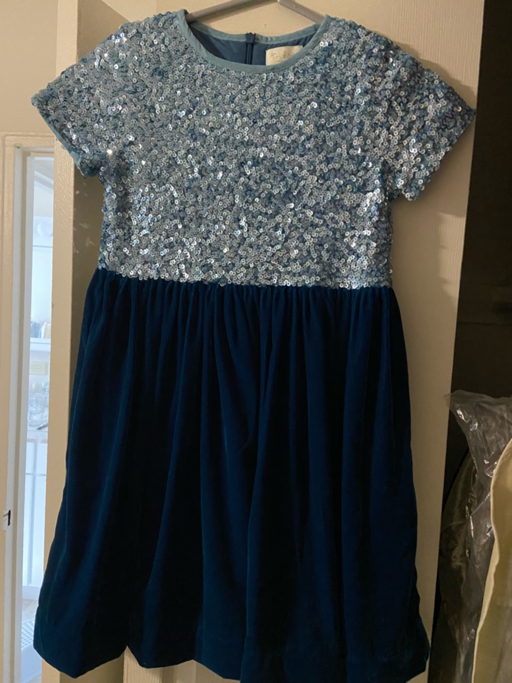 Mini Boden Light Blue Sequin Bodice Navy Velvet Skirt Party Dress Girls Size 9